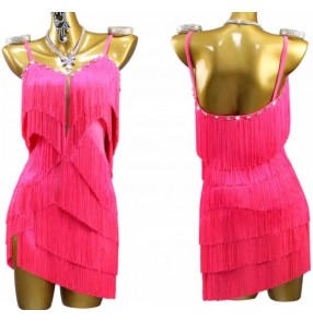 Custom size hot pink fuchsia red fringe competition latin dance dresses for girls kids children salsa samba ballroom solo flower dance costumes